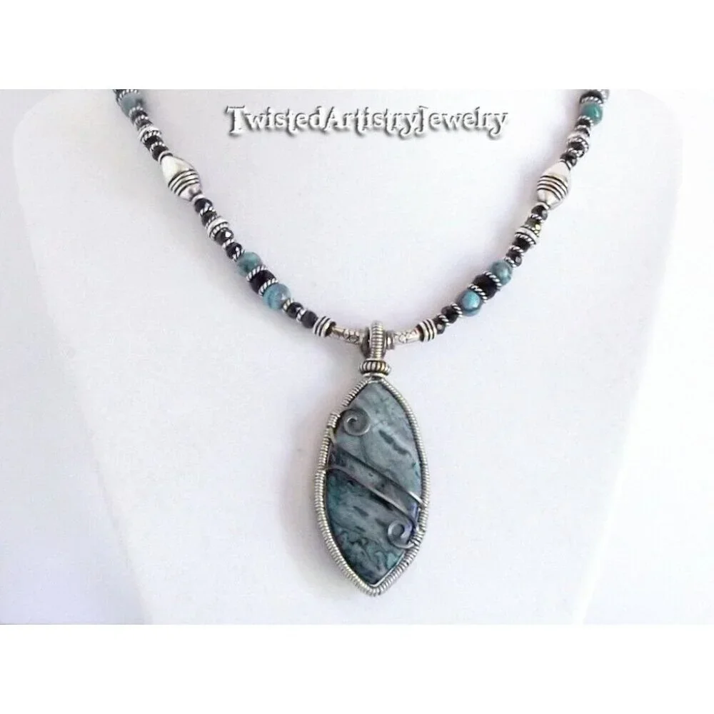 Blue Crazy Lace Agate Wire Wrap Pendant Beaded Necklace One-of-a-Kind Handmade - Picture 2 of 4